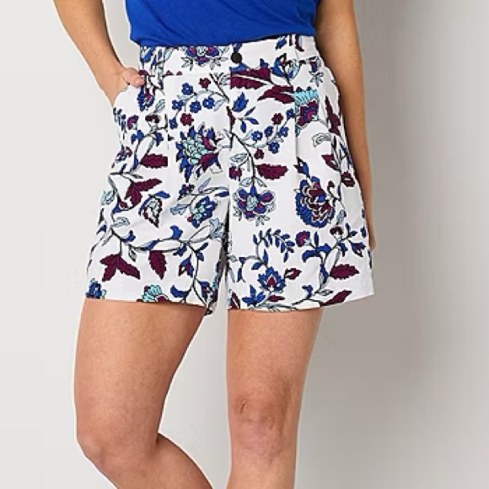 Liz Claiborne White Floral Pleated Linen Blend Shorts Size 14